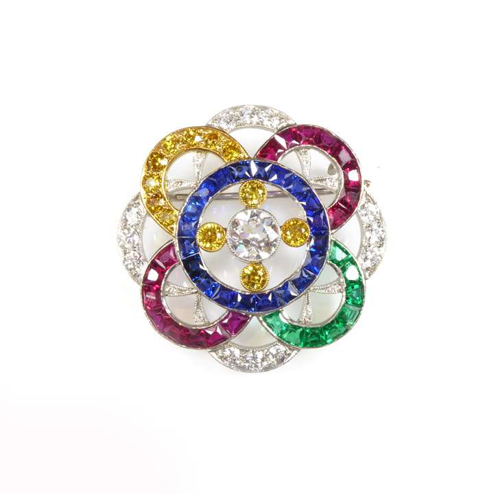 Shaped round overlapping circles brooch in white and yellow diamond, sapphire, ruby and emerald